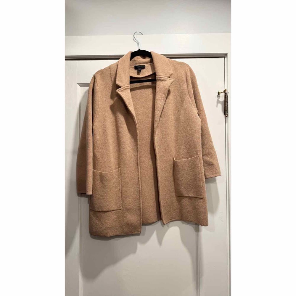 J Crew Women’s Open‎ front sweater blazer Tan Large Preppy Spring Quiet Luxury